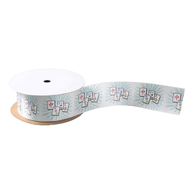 Mahjong Tiles Blue Satin Ribbon (Spool)