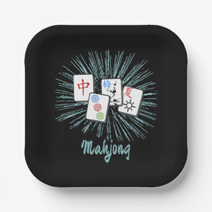 Mahjong Tiles Blue Starburst Custom Paper Plates