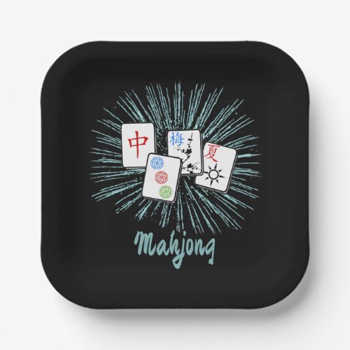 Mahjong Tiles Blue Starburst Custom Paper Plates