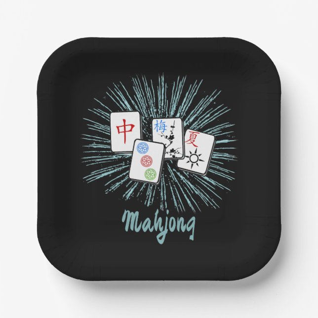 Mahjong Tiles Blue Starburst Custom Paper Plates (Front)