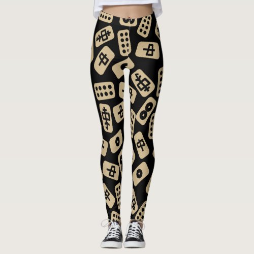 Mahjong Tiles Brown on Black Leggings