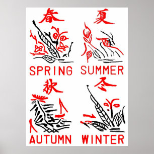 Mahjong Tiles, Four Seasons , On White Background Poster