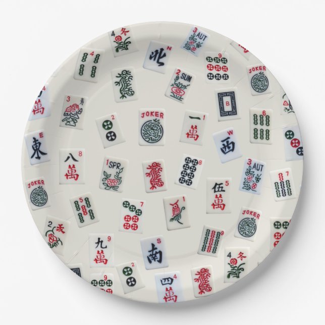 MahJong tiles on pastel badge background  Paper Plates (Front)