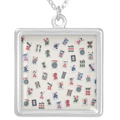 MahJong tiles on pastel badge background   Silver Plated Necklace