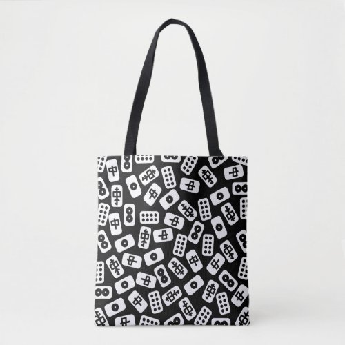 Mahjong tiles patten white on black tote bag