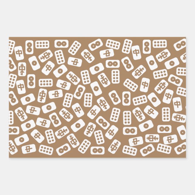 Mahjong tiles pattern on brown background wrapping paper sheets (Front)