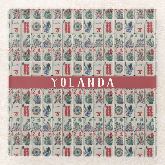 Mahjong Tiles Pattern Personalized Glass Coaster (Front)