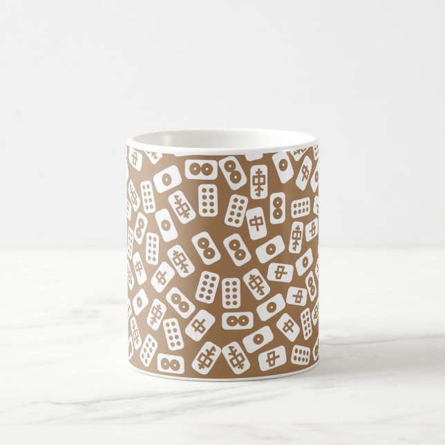 Mahjong tiles pattern white on brown coffee mug (Center)