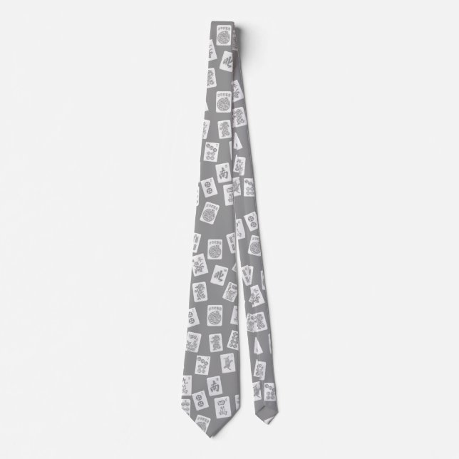 Mahjong tiles symbols on grey colorless  neck tie (Front)
