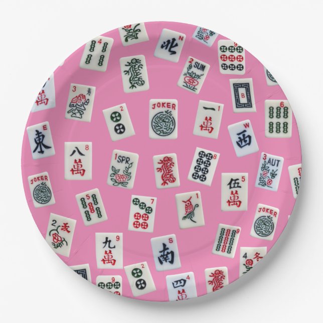 MahJong tiles symbols on pink Paper Plates (Front)