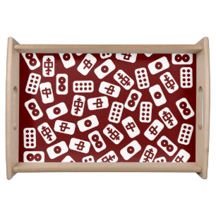 Mahjong tiles white on burgundy serving tray