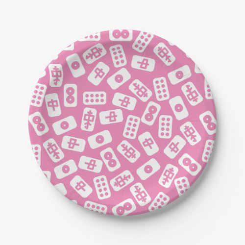 Mahjong tiles white on pink paper plates