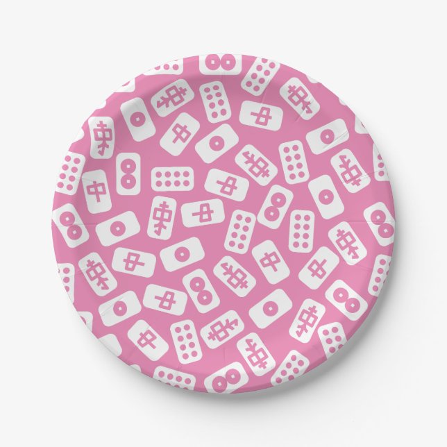 Mahjong tiles white on pink paper plates (Front)