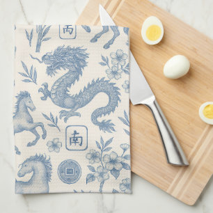 Mahjong Toile Kitchen Towel - Horses and Dragons