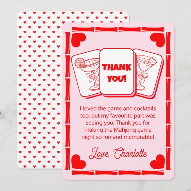 Mahjong Valentine's Pink Thank You Card (Front/Back)