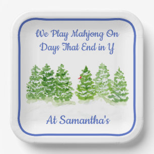MAHJONG Watercolor Winter Trees Blue PERSONALIZE Paper Plates