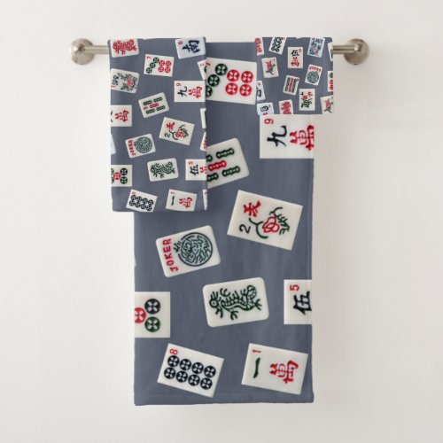 MahJongg tiles design on dark blue Bath Towel Set