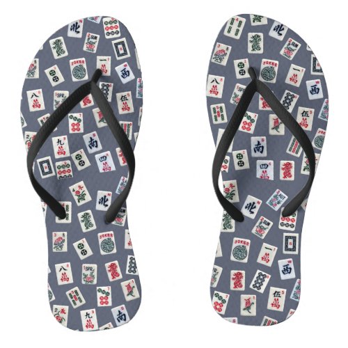 MahJongg tiles design on dark blue Flip Flops