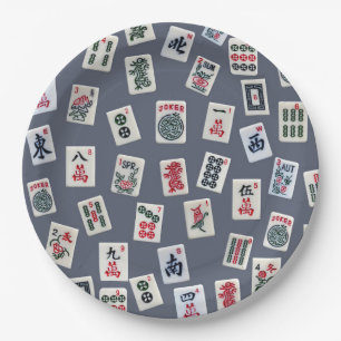 MahJongg tiles design on dark blue Paper Plates