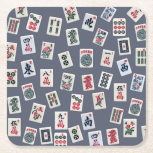 MahJongg tiles design on dark blue Square Paper Coaster