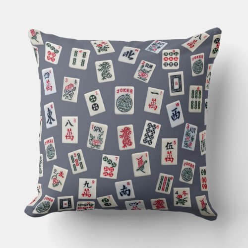 MahJongg tiles design on dark blue Throw Pillow