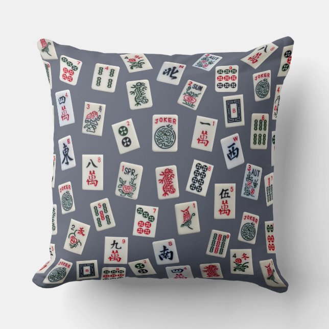 MahJongg tiles design on dark blue Throw Pillow (Front)