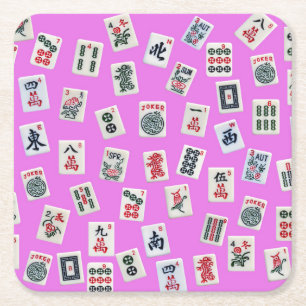 MahJongg tiles on pink background Square Paper Coaster