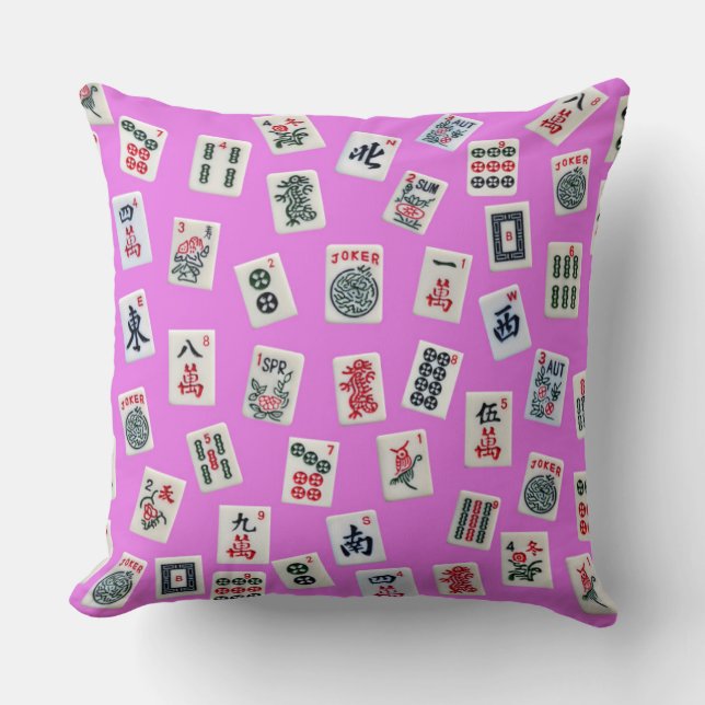 MahJongg tiles on pink background Throw Pillow (Front)