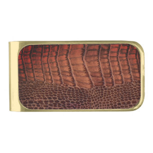 Mahogany Alligator Classic Reptile Leather (Faux) Gold Finish Money Clip