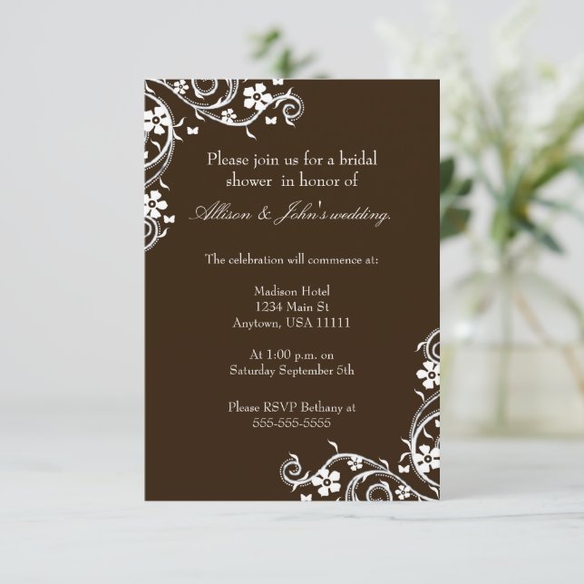 Mahogany Floral Swirls Bridal Shower Invitation (Standing Front)