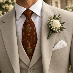 Mahogany Gold Heraldic Crest Laurel Medallion Neck Tie
