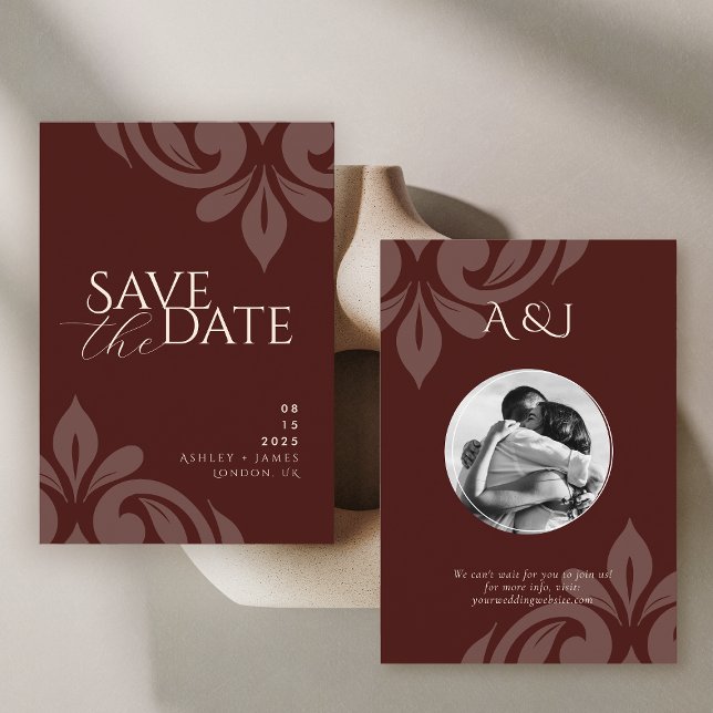 Mahogany Red Classic Script Damask Photo Wedding Save The Date (Creator Uploaded)