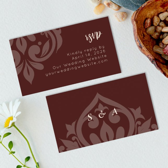 Mahogany Red Elegant Minimal Damask Wedding RSVP Enclosure Card (Creator Uploaded)
