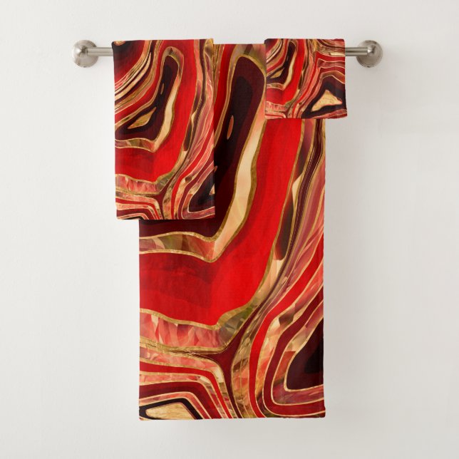 Mahogany Red Liquid Marble abstract Bath Towel Set (Insitu)
