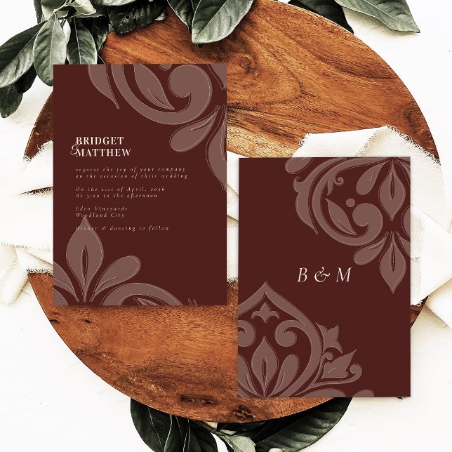 Mahogany Red Tasteful Classic Damask Wedding Invitation (Creator Uploaded)