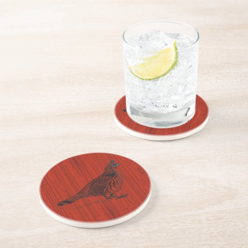 Mahogany Red Wood Look Black Bird Etching Drink Coaster