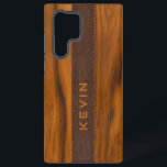 Mahogany wood and brown teather texture monogram samsung galaxy s22 ultra case<br><div class="desc">Simple,  elegant,  masculine design made with mahogany wood and brown leather texture. Custom name.</div>