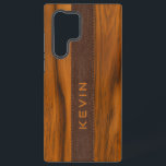 Mahogany wood and brown teather texture monogram samsung galaxy s22 ultra case<br><div class="desc">Simple,  elegant,  masculine design made with mahogany wood and brown leather texture. Custom name.</div>