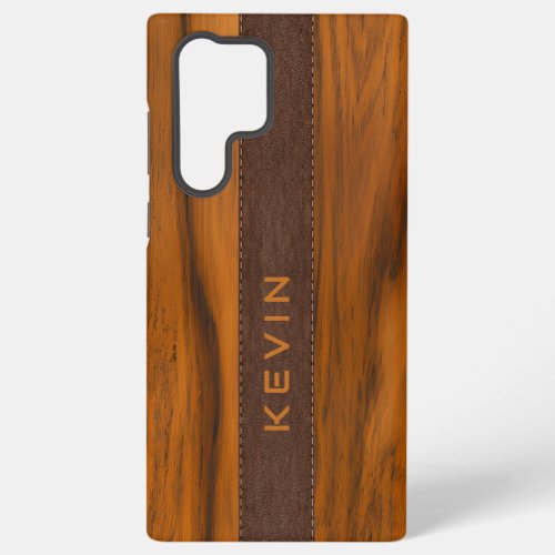 Mahogany wood and brown teather texture monogram samsung galaxy s22 ultra case