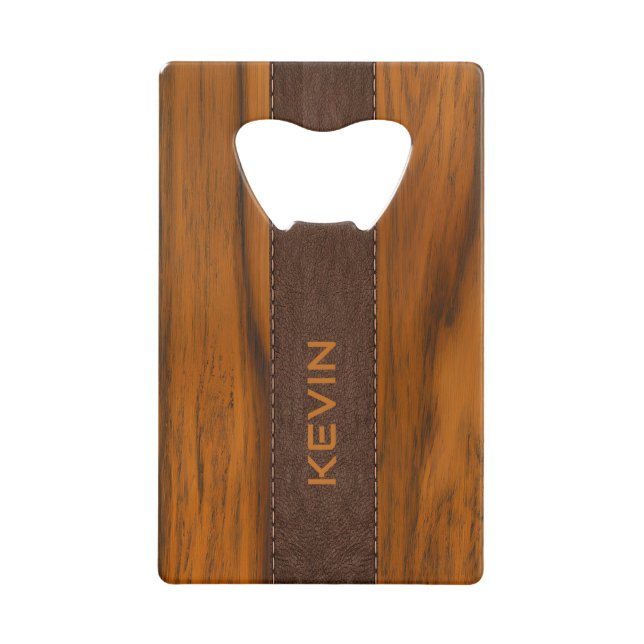 Mahogany Wood And Leather Texture Monogram Credit Card Bottle Opener (Front)