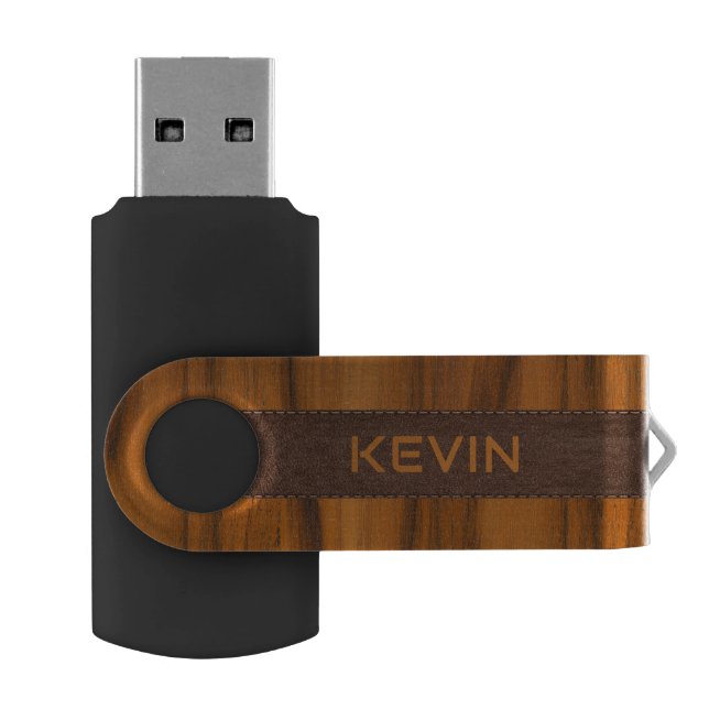 Mahogany Wood And Leather Texture Monogram Flash Drive (Opened)
