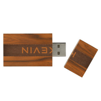 Mahogany Wood And Leather Texture Monogram Flash Drive