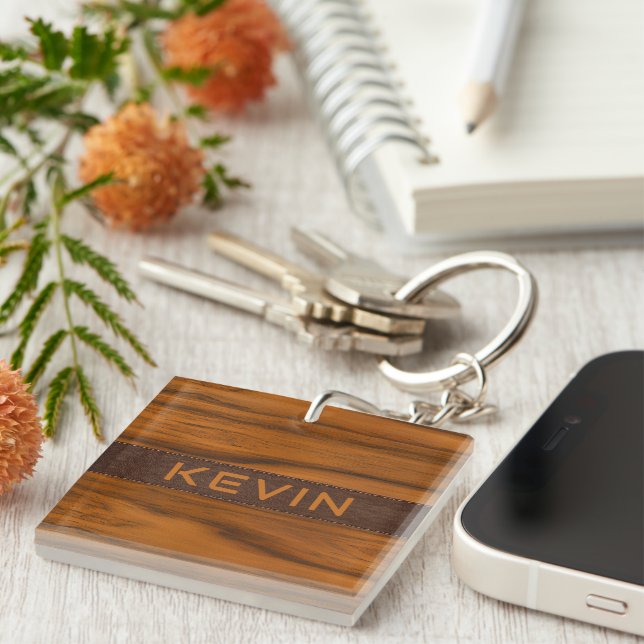 Mahogany Wood And Leather Texture Monogram Keychain (Front Right)