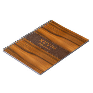 Mahogany Wood And Leather Texture Monogram Notebook