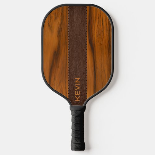 Mahogany Wood And Leather Texture Monogram Pickleball Paddle