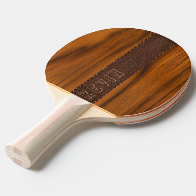 Mahogany Wood And Leather Texture Monogram Ping Pong Paddle (Back Angle)