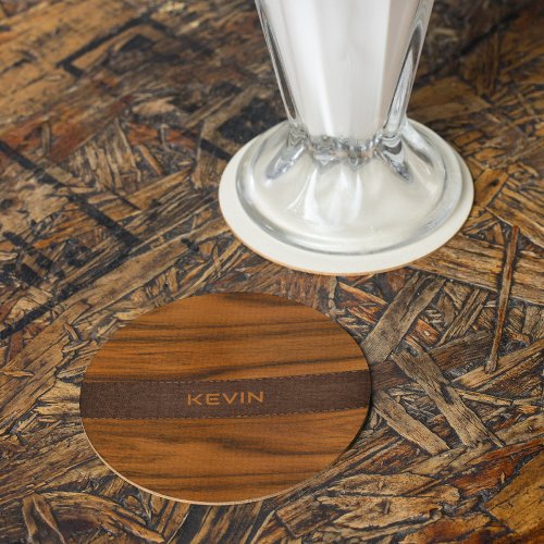 Mahogany Wood And Leather Texture Monogram Round Paper Coaster