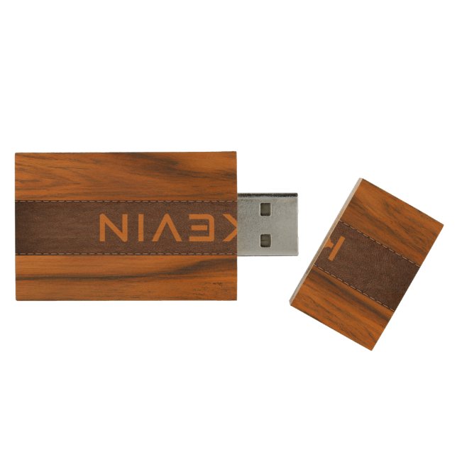 Mahogany Wood And Leather Texture Monogram Wood Flash Drive (Opened)