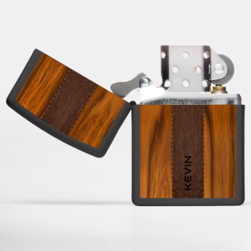 Mahogany Wood And Leather Texture Monogram Zippo Lighter