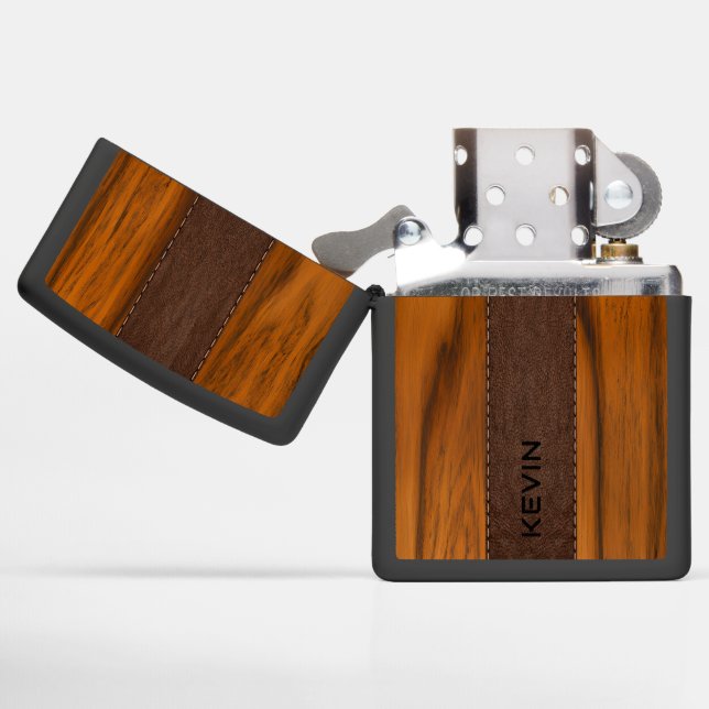 Mahogany Wood And Leather Texture Monogram Zippo Lighter (Opened)